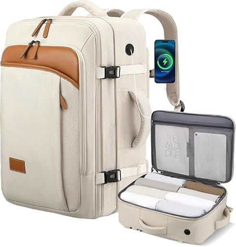 Luggex Expandable Travel Backpack, Extra Large Carry On Backpack 35L-45L, Airline Hand Luggage Cabin Bag fits 17.3 Inch Laptop for Men Women Traveling Businesss (White, 52x32x16cm)