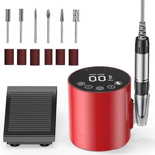 VOLTIX Fresa per Unghie Professionale 35000RPM - Lima Elettrica con Pedale, 6 Frese e Accessori Inclusi, Set Manicure e Pedicure Elettrico per Unghie Acriliche, Gel e Nail Art (Rosso)