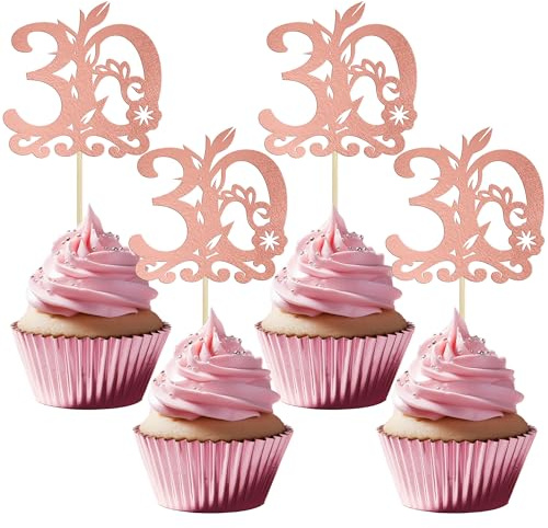 Gyufise 24Pcs Happy 30th Birthday Cupcake Toppers 30 Cake Topper Cheers to 30 Cake Decoration for 30th Birthday Anniversary Party Decoration Supplies Rose Gold