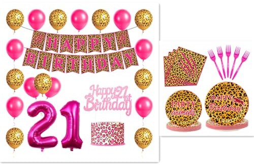 21th Birthday Decorations for Girls Women Cheetah Themed Decorations Leopard Print Party Supplies - pink Cheetah Print Decorations Tableware, Plate, Napkin, Cutlery
