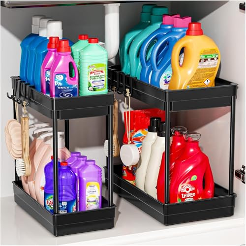 PurKeep 2 Pack Organizador Bajo Fregadero, Organizador Cocina 2 Niveles Debajo del Fregadero, Baño y Hogar, 8 Ganchos, 1L+1M, Negro