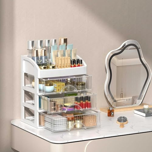 UUE Clear Schminktisch Organizer, Make-Up Kosmetik mit 3 Schubladen und 6 Fächern, Multifunktional Aufbewahrung für Badezimmer und Schreibtisch