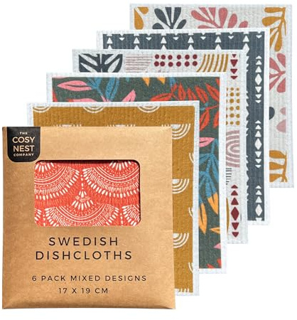 6 Pack Swedish Dishcloths – Mixed Colours Reusable Cleaning Cloths – 100% Biodegradable & Compostable Eco Friendly Kitchen Cloths – Washable Absorbent Sponge Alternative for Dishes (Bohemian)