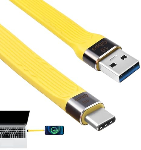 iwui Cable USB C Corto Amarillo 10Gbps Tipo C Macho a USB3.1 Tipo A Macho Flexible Plano Dato Cable PD 100W Carga Rápida y Transferencia de Datos de 13,8 cm para Teléfono Portátil