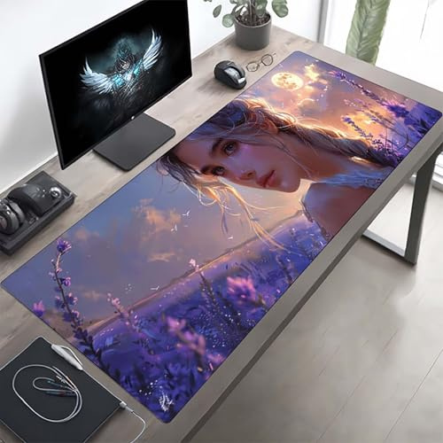 Gaming Mauspad 80 x 40cm Gaming Mousepad XXL Frau Lila Mauspad Schreibtischauflage, Genähte Kanten Mausmat, rutschfeste Gummibasis, Schreibtisch Schutz für Home Büro, Geschenke PjY10104 K-F