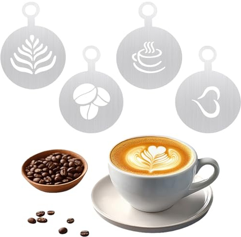 Stainless Steel Coffee Stencils,4PCS Latte Art Coffee Decorating Stencils,Coffee Garland Moulds Personalised Template for Cake Coffee Decorating (Silver 4pcs A)