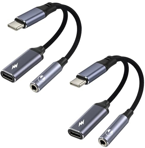 2 Pack USB C Kopfhörer Adapter und Laden, 2 in 1 Typ C auf 3,5mm Klinke Adapter mit PD 60W Schnellladung, USB C zu Schnellladung Aux Audio für iPhone 15/16 Pro Max, Samsung S24 S23, Google usw