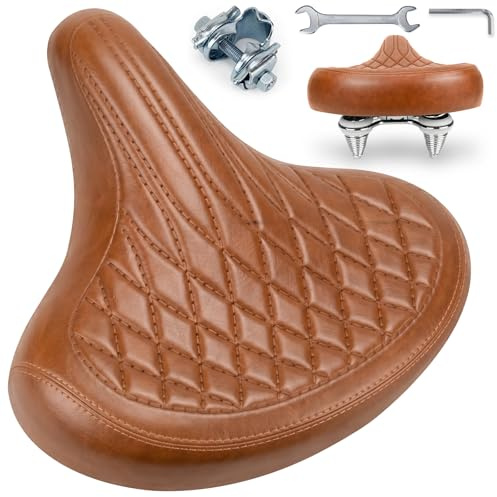 ouhos Retro cykelsadel i svart eller brun, extra bred och bekväm stads- och tursadel, ergonomisk med fjäderdämpning, vattentät för elcykel och hollandcykel (brun)