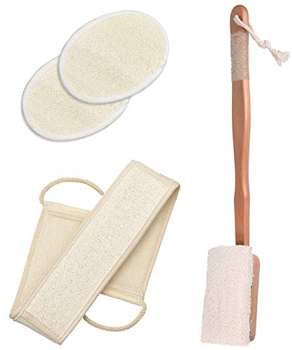 4 Pcs Loofah Exfoliating Back Scrubber Set,100% Natural Luffa Body Bath Sponge Pad,Double Side Scrubbing Strap,Back Exfoliator with Long Wooden Handle,Back Brush Washer for Shower and Bath Spa