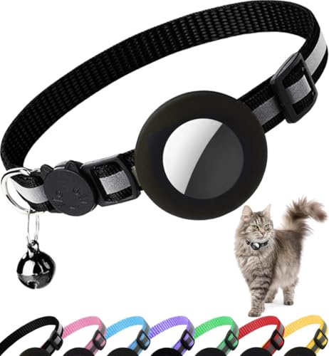 Dgerp Collare Gatto Airtag, Collare Riflettente Antistrozzo per Gatti con Custodia Protettiva Air Tag (GPS AirTag Non Incluso) e Campanellino, Adatto a Gatti di Tutte Le Taglie(Nero)
