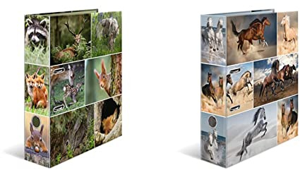 HERMA 7202 Ordner DIN A4 Tierwelten Waldtiere, 7 cm breit, stabiler Karton & 7164 Ordner DIN A4 Tiere Animals Pferde, 7 cm breit, stabiler Karton