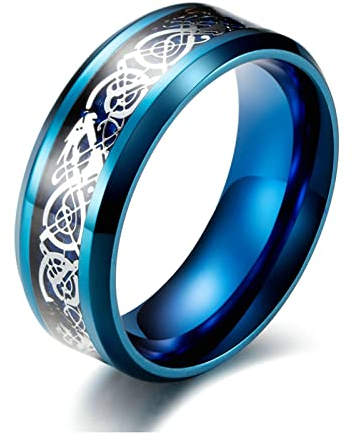 Bishilin Blau Ring Personalisiert, Herren Ringe Edelstahl Drache mit Kohlefaser 8MM Freundschaftsringe Männer Ringe in Bijouterie Gr.67 (21.3)