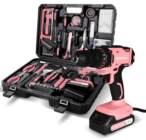 COMOWARE Pink Household Tool Set with 20V Cordless Drill Driver, 120Pcs Hand Tool Kit for Women, Power Drill Set with Plastic Toolbox, Ideal for Office, Garden, DIY Project