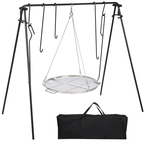 REDCAMP Swing Campfire Grill Stand - Collapsible Campfire Cooking Rack with 6 Hooks & Stainless Steel Grill Grate, Portable Dutch Oven Hanger for Outdoor Camping, Cookware, Bonfire, Round
