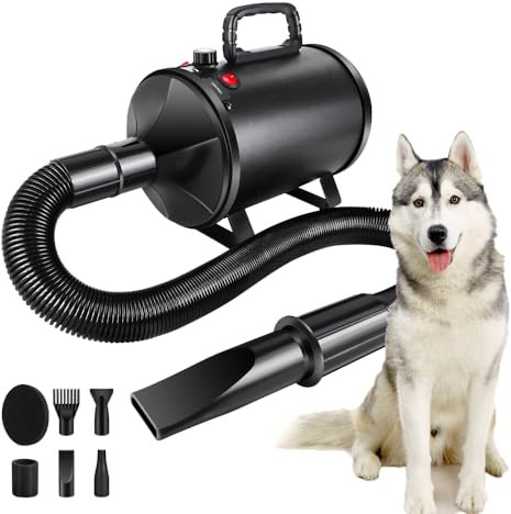 JAOSY Asciugacapelli per Cani Blower Molto Silenzioso, Soffiatore per Cani Continua con velocità e Temperatura, con 4 Ugelli per Uso Privato e Professionale(Nero)