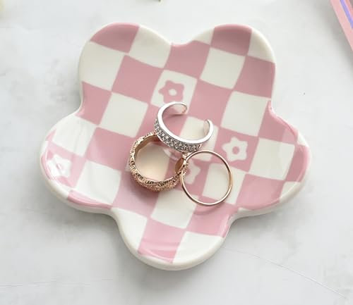 OVENKEI Room Decor for Teen Girls - Pink Aesthetic Bedroom Stuff - Trendy Checkered Jewelry Tray