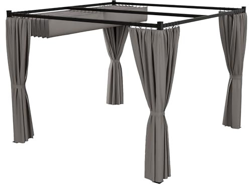 Outsunny 3 x 3(m) Pergola with Retractable Roof Canopy and Curtains, Metal Frame Garden Gazebo Outdoor Sun Shade Shelter for Grill, Patio, Deck, Light Grey