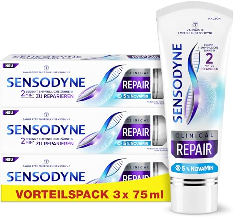 Sensodyne Clinical REPAIR, dentifricio per denti sensibili al 5% NovaMin, per sollievo di lunga durata, 3 x 75 ml