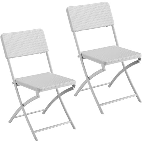 BAKAJI Set 2 Sedie Pieghevoli Salvaspazio Arredamento Esterno Giardino con Seduta e Schienale in Polyrattan e Struttura in Acciaio Design Moderno Dimensione 54 x 44,5 x 81 cm (Bianco)