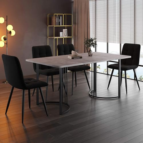 YCYDHDM Esstisch mit 4 Stühlen, Esstisch Set mit Essstuhl aus Samt, Küchentisch Set für 4 Personen, Essgruppe mit Grauer MDF Tischplatte für Küche Esszimmer und Wohnzimmer, Schwarz