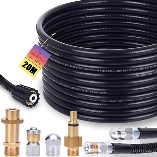 Rohrreinigungsschlauch Geeignet für Kärcher Kränzle K2 K3 K4 K5 K6 K7 Lavor | 20m, 240 bar inkl. M22 Adapter, Düsen starr + rotierend für Hochdruckreiniger Universal Rohrreinigungsset Hochdruckschlauch