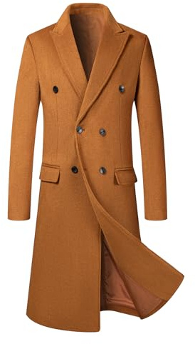 Allthemen Lång trenchcoat för män dubbelbröstad varm kappa vardaglig smal passform ytterkläder ull affärer vinterjacka peacoat, Brun, XXL