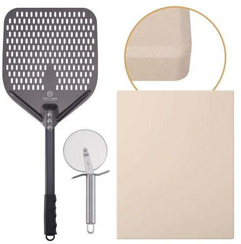 Pizza Lover Juego de piedras para pizza premium para horno y barbacoa, 4 en 1, incluye pala perforada (anodizado duro) + piedra para pizza hasta 800 °C de cordierita (Set con rodillo)