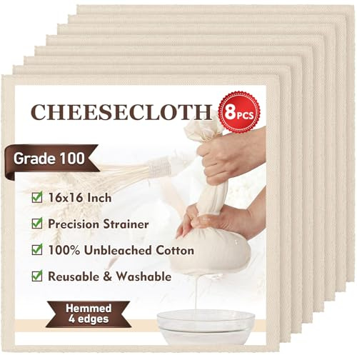 TOPULORS Cheese Cloths, 8 PCS 41x41cm, Hemmed 4 Edges, Grade 100 Ultra Fine 100% Unbleached Cotton - Reusable Straining & Cooking Cloth for Cheese Making, Nut Milk, Yogurt Strainer, Food Filtering | Ultra Fine Grade 100 Weave, No Bleach Or Chemical Residue, Food-Safe for Nut Milk, Cheese, Yogurt and Cooking, Reusable