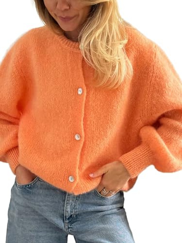 Damen Crop Knit Cardigan, Langarm Rundhals Button Down Solid Cardigan Sweater Casual Cropped Knit Tops, M