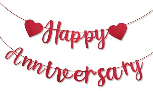 XIHIRCD Striscione per Happy Anniversary, Striscione per Anniversario Pre-Assemblato Decorazioni Rosse per Anniversario Felice Decorazioni per Anniversario a Forma di Cuore