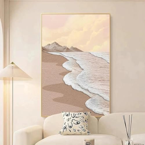 CHAOJIART Abstraktes Ölgemälde mit Strand, Beige und weißen Wellen, gedruckt auf Leinwand, Berglandschaft, Poster für Veranda, Wohnzimmer, Wanddekoration, 60 x 80 cm, rahmenlos