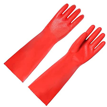 minkissy Thickened Non-Slip Dishwashing Gloves 1 Pair Kitchen Cleaning Gloves Fleece Lining 40cm Long for Household Use Red