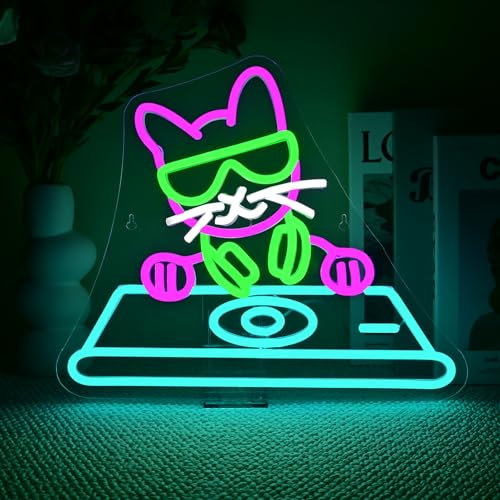 SIGNSHIP DJ Música Gato Neón, Cartel Led Regulable para Decoración de Pared, Señal Led Neon Sign Sign Luz Cat DJ, Cartel Luminoso Pared Decoración para Bares,Decoración del Hogar,Cuevas de Hombre
