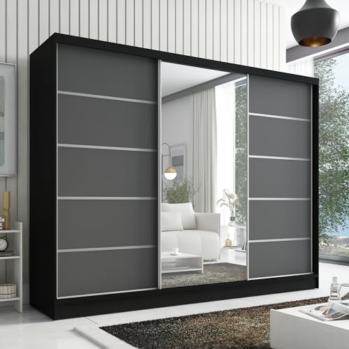 A&J MöbelLand Kleiderschrank Aurelia 1 – Schwebetürenschrank 200 cm breit mit Spiegel, 3-türig, Kleiderschrank mit Schubladen, Schiebetürenschrank für Schlafzimmer oder Garderobe