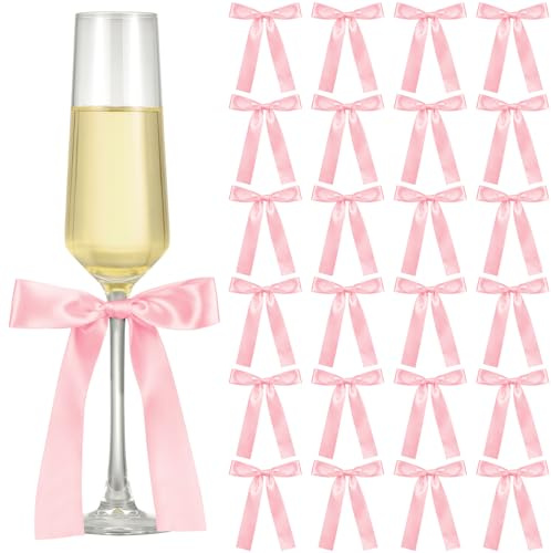 Jingmore 24 Pack Bows for Wine Glass Candle Holder 6.7 x 4 Inch Bow Candlestick Champagne Glass Ribbon Self Adhesive Tag Name Marker for Wedding Anniversary Party Gift Decor(Pink)