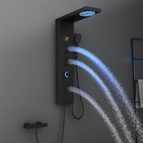 KINKIBOS Duschpaneel ohne Armatur Matt Schwarz, 5 Funktionen Duschpaneel mit LED Temperaturanzeige Regendusche, Nebeldusche, Massagedüsen, Handbrause und Wanneneinlauf, Duschsäule aus Edelstahl