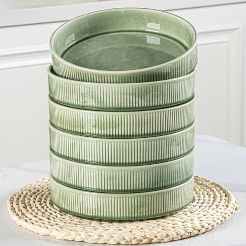 GBhome Steingut Suppenteller 19cm, Tiefe Teller Set Für 6 Pers. Kratzfeste Pasta Teller Tief Groß Für Spülmaschine, Mikrowelle,Ruhiges Grün
