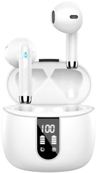 PWTEK Écouteurs sans fil Bluetooth 5.4, appels clairs 56 h, écouteurs Bluetooth sans fil avec 4 micros ENC, suppression du bruit, basses profondes, mini écouteurs Bluetooth, écran LED, blanc