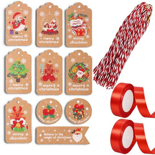 SHUOHONG 50 Stücke Anhänger zum Beschriften Weihnachten Geschenkanhänger Weihnachtsanhänger Klein Geschenkanhänger Kraftpapier Frohe Weihnachten Weihnachts Anhänger