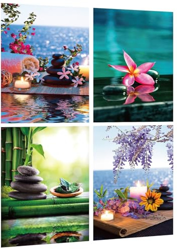 4er Set Wandtattoo Zen Steinen - Wandsticker Grüne Pflanzen Blumen & SPA Badezimmer Poster Selbstklebend - Wandaufkleber für Deko Toilette, Wohnzimmer, Esszimmer, Büro 50x35cm (a)
