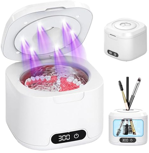 Limpiador ultrasónico para canalones dentales, 49000 Hz, limpiador ultrasónico, limpiador dental para canalones, prótesis, retainers y joyas, 340 ml con temporizador digital