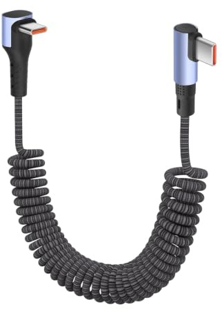 YACSEJAO 90 graders lindad USB-C till USB-C flätad laddningskabel [0,3 m – 1,5 m] 100 W infällbar spiral USB typ C snabbladdningskabel (sida till rät vinkel)