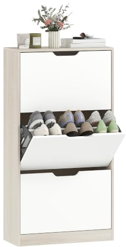 HOMCOM Zapatero Estrecho 3 Puertas Abatibles 62,5x26x117,5cm Roble y Blanco | Zapatero Entrada Recibidor, para 18 Pares de Zapatos, para Pasillo, Espacios Reducidos