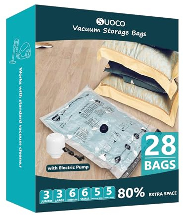 Vacuum Seal Bags for Clothing Travel and Home Storage, Travel Vacuum Bags with Electric Pump, Space Saver Compression Packing Cubes for Luggage Suitcase Bedding Blankets Clothes, 28 Combo
