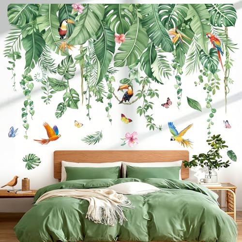 decalmile Adesivi Murali Foglie Verdi Tropicali Grande Adesivi da Parete Fiori e Piante Vite Appesa Uccelli Decorazione Murale Camera da Letto Divano TV Soggiorno