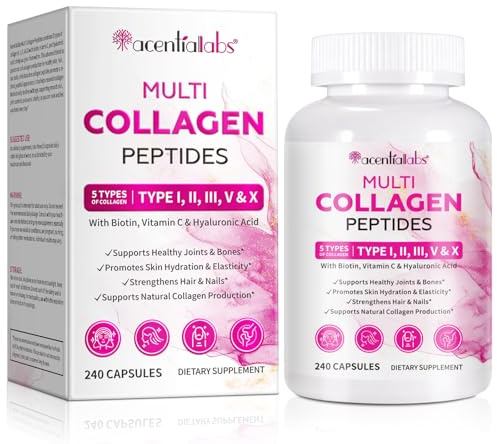 Kollagen Kapseln, Multi Peptide Kollagen Typ I, II, III, V & X mit Biotin, Vitamin C & Hyaluronsäure, für Haut, Haare, Nägel, Gelenke & Knochen, Kollagenkapseln 240 Kapseln