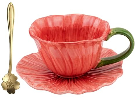 Juego de tazas de café con forma de flor, 3 piezas, 300 ml, taza con platillo y cuchara dorada, diseño de flores, apto para microondas, apto para café, capuchino afternoon, elegante taza de cerámica