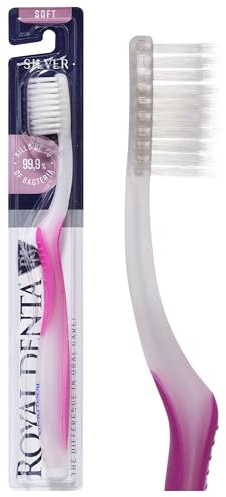 Royal Denta Soft Toothbrush for Adults, Dual Length Soft Bristles for Sensitive Teeth & Gums, Silver-Infused Manual Toothbrush for Whitening, Flossing and Braces, Ergonomic Grip Handle (Pink)