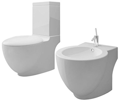 Festnight Stand-Toilette/WC mit Soft WC Sitz + Stand-Bidet Bodenstehend Bidet & Toilette Set aus Keramik Wei?