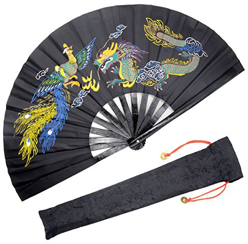 OMyTea Handfächer aus Bambus, groß, zusammenklappbar, für Herren/Frauen, chinesischer japanischer Kung-Fu-Tai-Chi-Handfächer mit Stoffetui, für Aufführungen, Festival, Geschenk (Drache & Phönix)